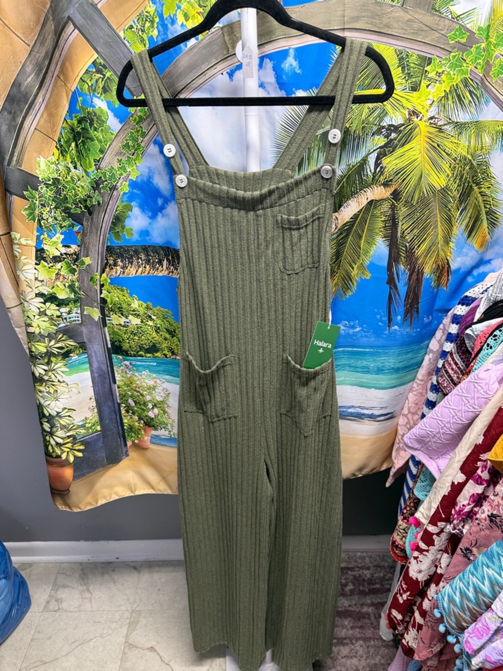 Halara Olive Ribbed Knit Overalls Jumpsuit with Pockets NWT